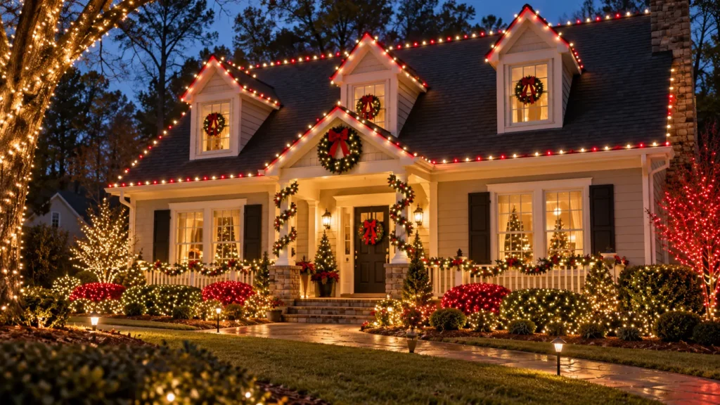 Cape Cod-style cottage with red and white Christmas roofline lights, wreaths, garlands, and glowing shrubs