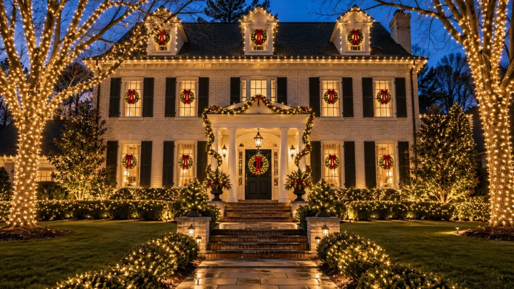 Traditional colonial home decorated with warm white Christmas roofline lights, window wreaths, and illuminated trees