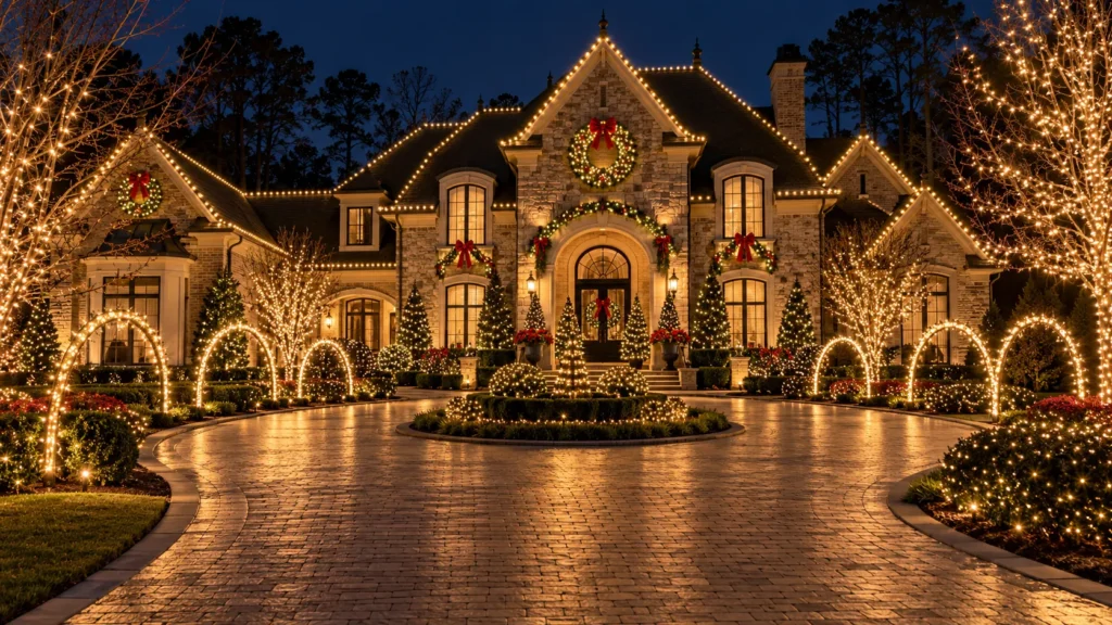 Large stone estate glowing with Christmas roofline lights, illuminated driveway arches, and tree lighting