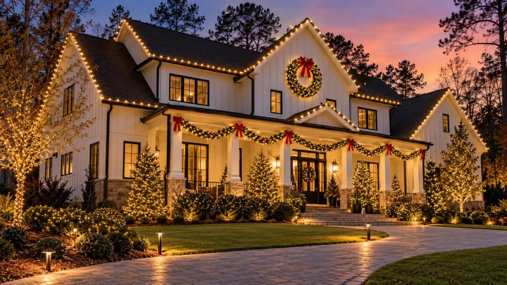 White modern farmhouse with warm white Christmas lights, decorated porch, wreaths, and illuminated trees