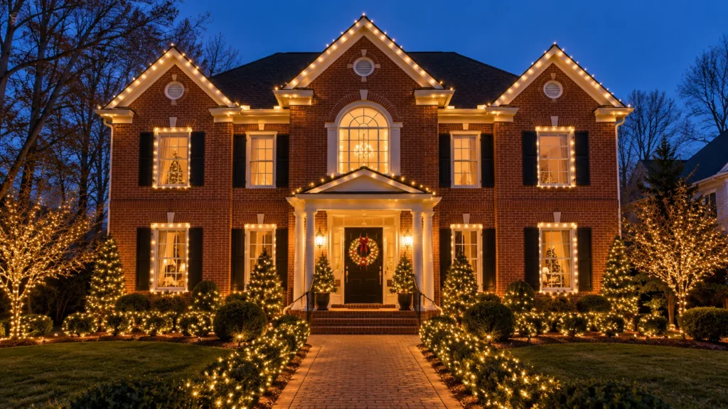 Red brick colonial-style home with warm white Christmas roofline and landscape lights at dusk