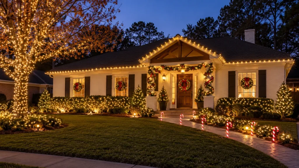 Single-story American ranch house with warm white Christmas lights, greenery, and glowing candy cane pathway lights