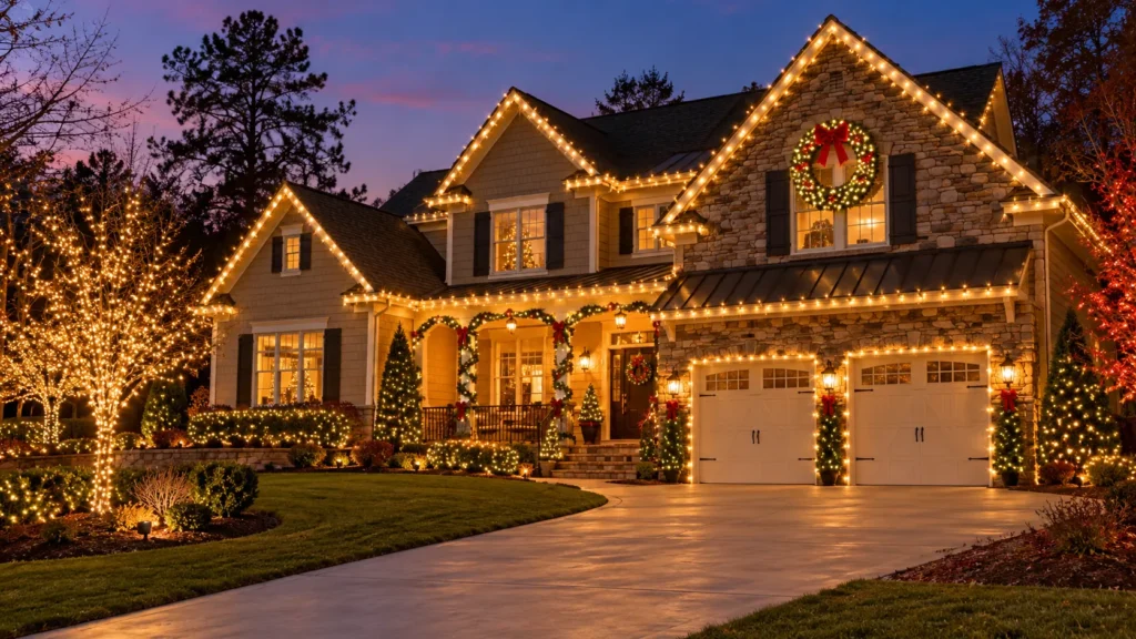 Stone and siding suburban house with roofline Christmas lights, illuminated garage, front porch, and yard trees